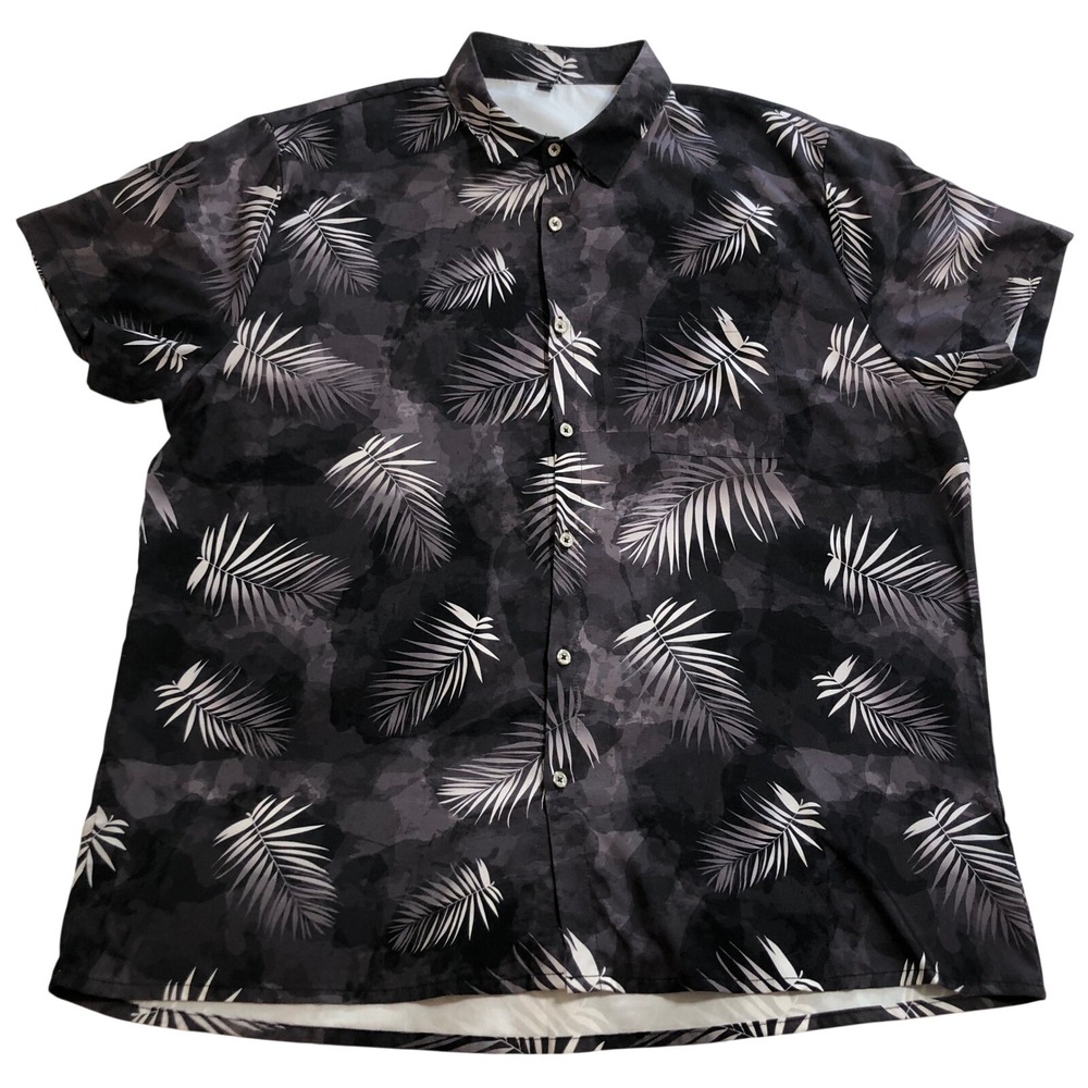 KYKU Mens Large Tropical Palm Leaf Button Down Shirt Black Grey Short Sleeve L
